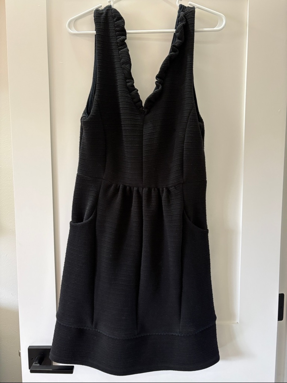 Anthropologie Maeve Black Ruffled Ottoman Knit V-Neck Mini Dress Pockets